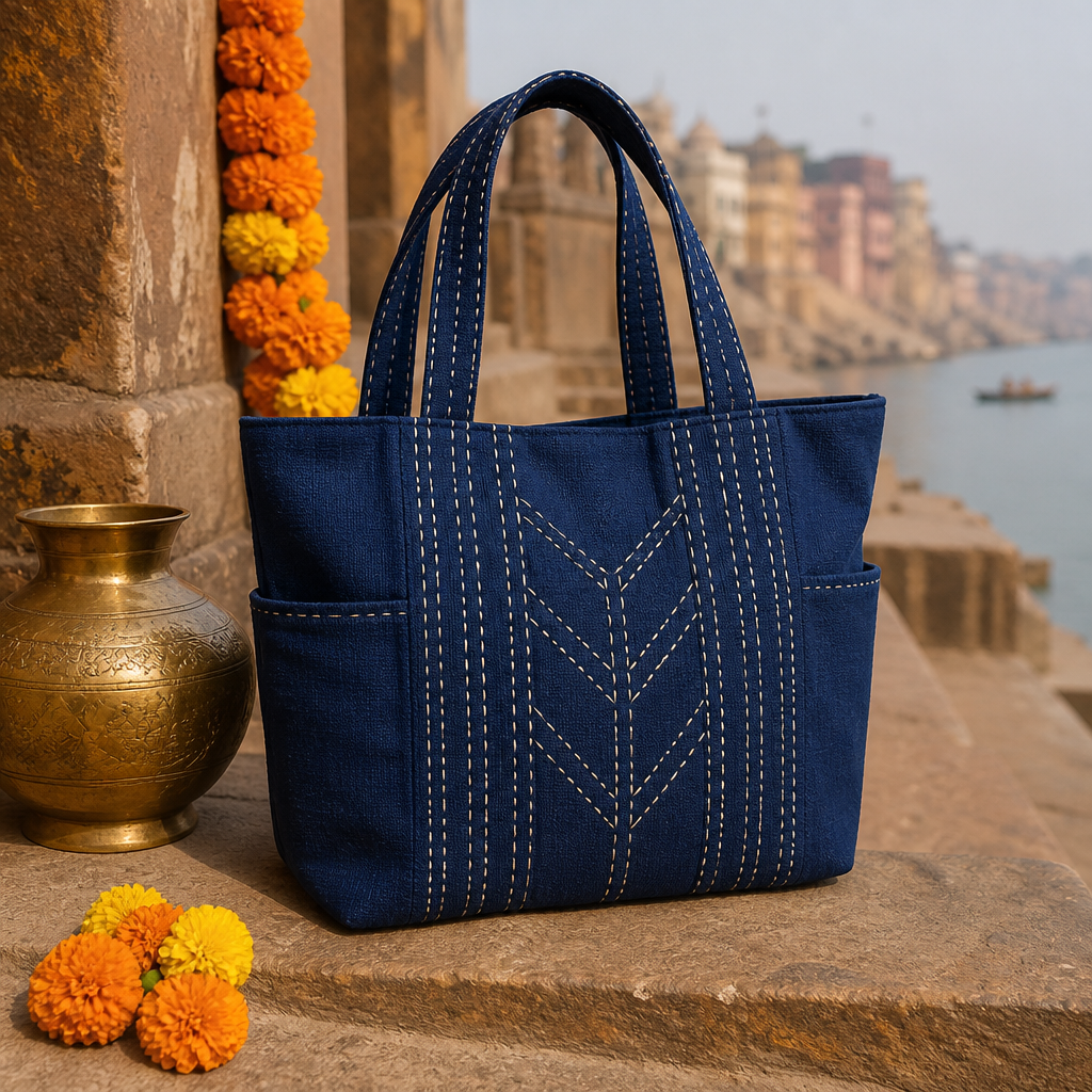 Indigo handicraft tote