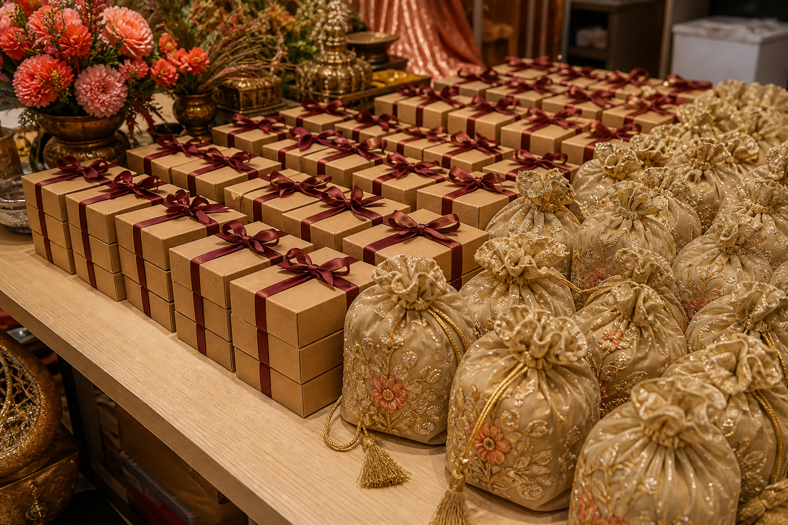 Bulk wedding favours packed on the studio table